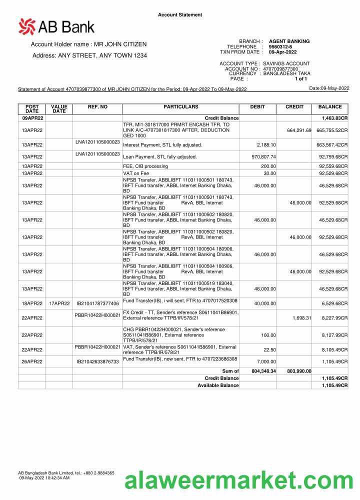 Bangladesh AB bank statement